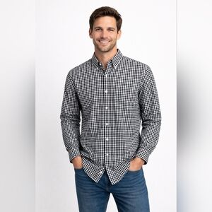 Peter Millar Crown‎ Nanoluxe White Black Long Sleeve Button Gingham Shirt Sz XL